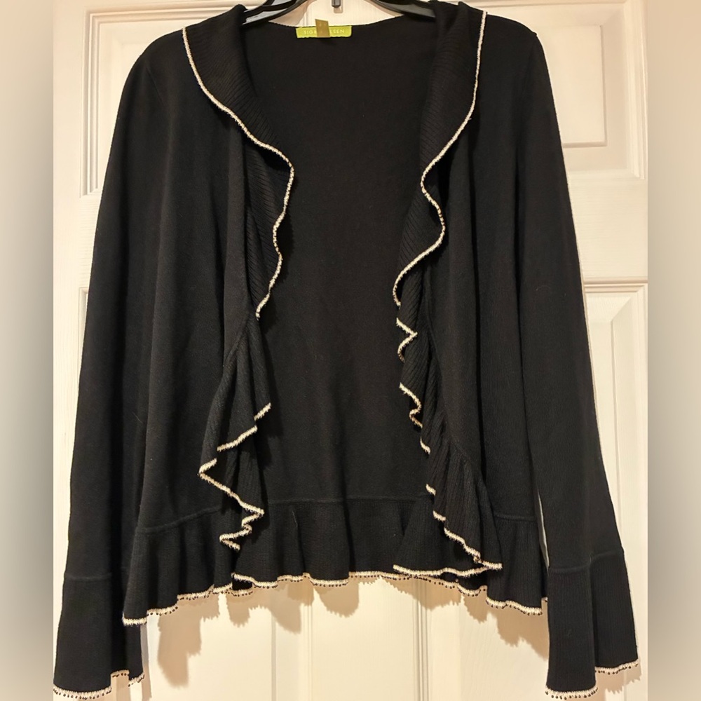 ⭐️3/$15⭐️Sigrid Olsen Black Cardigan Ruffle Trimmed Knit Silk Blend